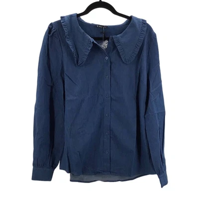 $28 • Buy  VERY J L Blue Denim Peter Pan Collar Ruffle Long Sleeve Top Blouse NWT 0B3