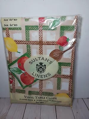 NEW VINTAGE Sultan's Linens Vinyl Tablecloth Flannel Back 60  Round Fruitpattern • $14.99