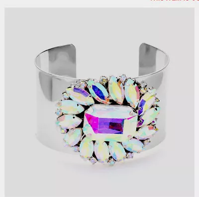 Aurora Borealis  Cuff Silver Pageant Ab Crystal Rhinestone Bracelet Bridal • $18