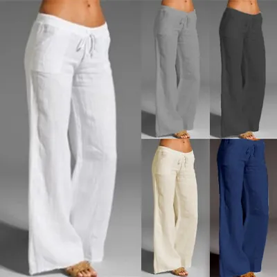 Women Ladies Cotton Linen Wide Leg Trousers High Waist Casual Loose Baggy Pants • £11.03