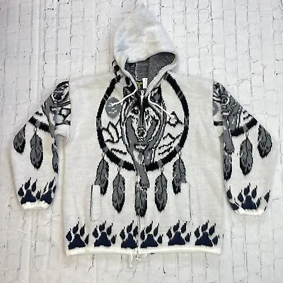 Tejidos Ruminahui Wolf Wool Hoodie Vtg Full  Zip Sweater Made In Ecuador Sz M • $49.99