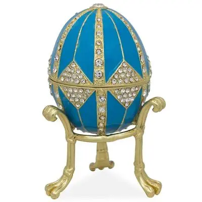 Crystal Rhombus On Blue Enamel Royal Inspired Metal Easter Egg 3.15 Inches • $24.64