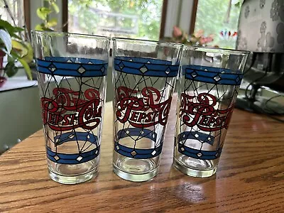 Vintage Pepsi-Cola Stained Glass Style Lot Of 3 Glasses • $14.99