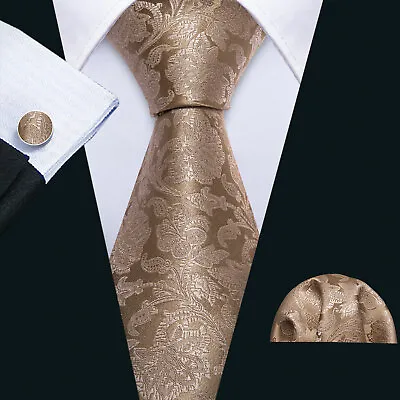 Mens Tie Silk Classic Paisley Floral Wedding Necktie Pocket Square Cufflinks Set • £11.99