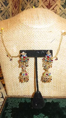 Vintage Gold Tone Belly Dancing Earrings Gypsy W/Nose Ring Chain (#29) • $16.99