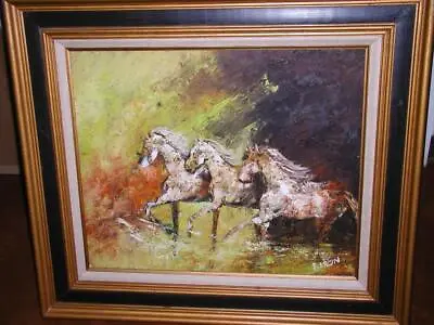 ART Hand Paint Oil Groovy 70's Green Yellow Running Horses Abstract Painting MCM • $129.95