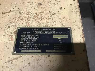 M29/C Studebaker Weasel Data Plate M29C • $35