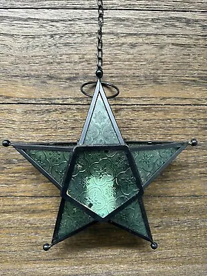 Hanging Moroccan Glass Star Candle Lantern Holder Green Glass Black Metal • $15.99