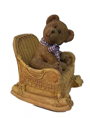 Vintage Wind Up Music Box Teddy Bear In Rocking Chair Purple/Blue Checkered Bow  • $12.21