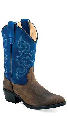 Old West Children Unisex Western Dark Brown/Suede Blue Leather Cowboy Boots • $31.99