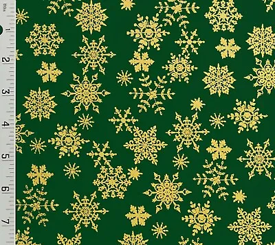 Green Metallic Gold Snowflakes Christmas Cotton Fabric - Choose Size • $8.15