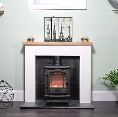 Electric Fire Stove Oak White Mantle Black Fireplace Logs Surround Suite Bnib • £354.95