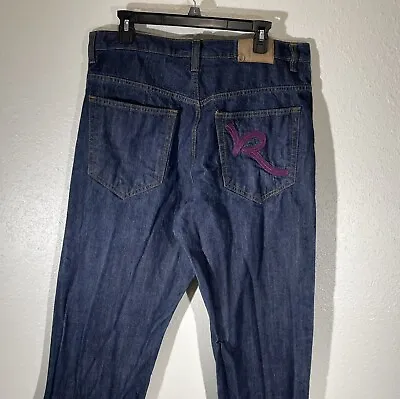 VINTAGE Rocawear Jeans Mens 36 Baggy Denim Blue Purple Logo Embroidered 36x34 • $39.95