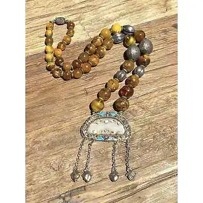 Antique Chinese Export Butterscotch Amber Bead Silver Mutton Fat Jade Necklace • $2082.50