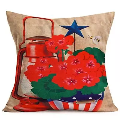 Vintage Red Geranium Flowers Blooming America Flag Decorative Throw Pillow Co... • $18.55