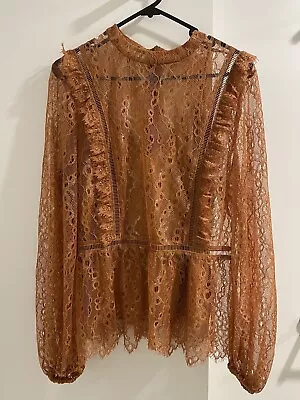 Sass & Bide Another Night High Neck Lace Top Blouse Sz 12 Warm Rust Shimmer NWOT • $115