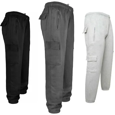 Mens Cargo Joggers Fleece Jogging Tracksuit Bottoms Winter Trousers Five Pockets • £10.94