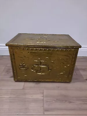 Vintage Log Box / Coal Box Circa 1940s Wood With Brass Relief 40cm 28cm 28cm • £31