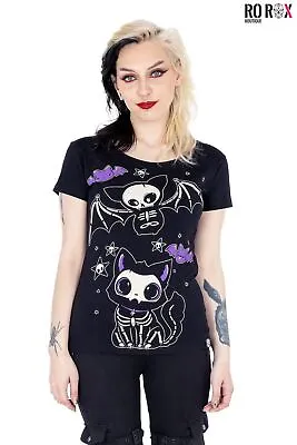 Cupcake Cult Goth T-shirt Skelly Cat Evil Punk Anime Cartoon Skull Kitten Top • £16.99
