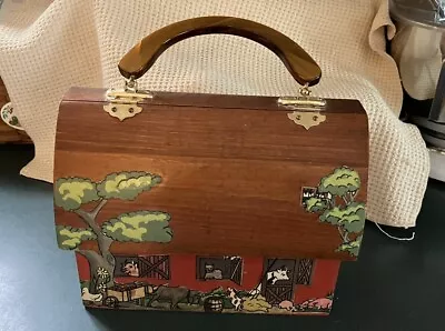 VINTAGE 1970's WOODEN BARN PURSE HANDBAG DECOUPAGED FARMHOUSE BARNYARD THEME... • $14.99