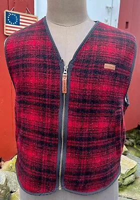 Vintage Woolrich Men's Sz Large Vest Red Plaid Sherpa Lined Wool Flannel • $39.99