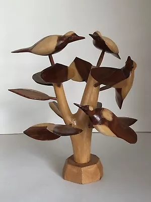 Vintage Hand Carved Wood Birds On A Tree Mid Century Sculpture • $24.95