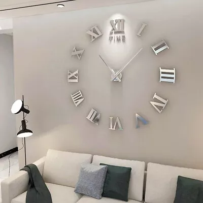 3D Extra Large Cat Roman Numerals Luxury Mirror Wall Sticker Clock DIY Decor UK • £13.98