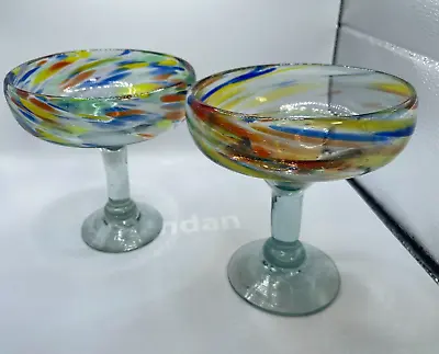 Hand Blown Mexican Art Glass Multi-Colored Swirl Margarita Glasses Set Of 2 • $20.25