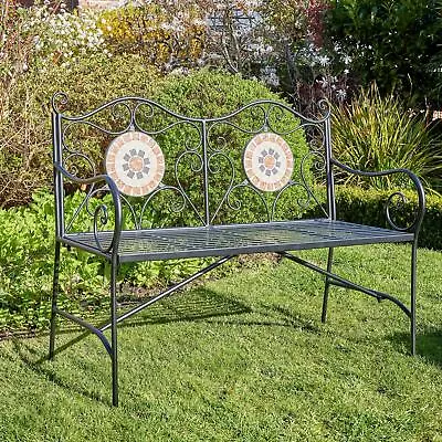 Garden Bench Black Metal 2 Seat Patio Outdoor Seating Sunflower Mosaic Design • £99.99