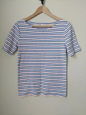 J CREW Women's M Top- Pink Blue Striped Nautical Boat Neck Tee Short Sleeves • $12.95