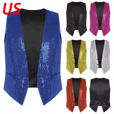 Mens Sparkling Sequin Button Vest Waistcoat Sleeveles Disco Dance Top Clubwears • $12.36