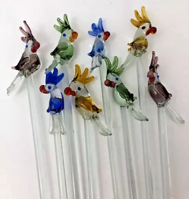 8 Colorful Parrots Cocktail Stirrers Blown Glass Swizzle Sticks Barware Birds • $17.50