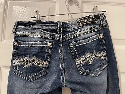 Miss Me Distressed Bootcut Bling Embroidered Jeans Big Stitch Sz 29 (30x29) EUC • $42