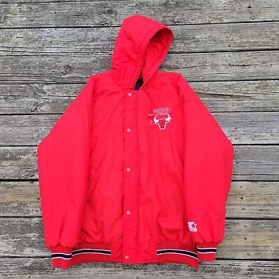 Vintage Chicago Bulls Starter Jacket Size Large With Hood Red And Black Clean • $82.99