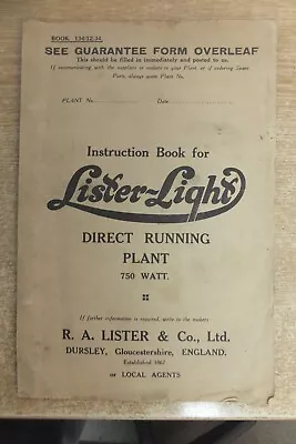 Lister Light Direct Running Plant 750 Watt Lister D Engine Instructions Book • £12.99