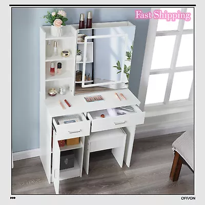 Makeup Vanity Table Set W/ LED Lighted Strip And Sliding Mirror Bedroom Dresser • £147.75