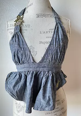 Apple Bottom Halter Top L Women's Bling Chambray Denim Ruffle Y2K Prop Vintage • $59.88