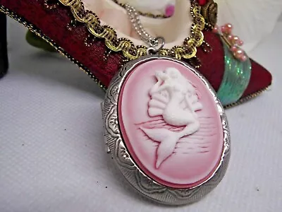 PINK  Ocean Mermaid Shell Locket Ship Siren Nautical Beach Pill Box Cameo Sexy • $21.90