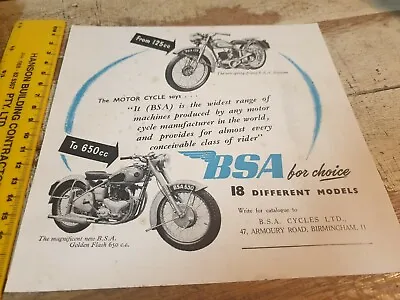 1949 BSA  Motorcycle  Original Colour UK Sales Advert BANTAM To GOLDEN FLASH  • $9.95