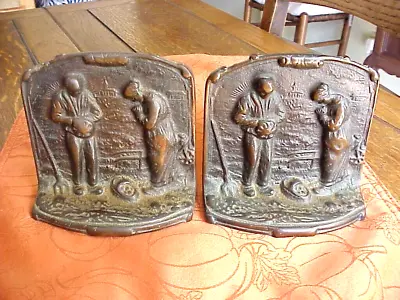 Old Pair Of Bronze Bookends Farm Couple Praying Over A Basket Of Fruit • $38