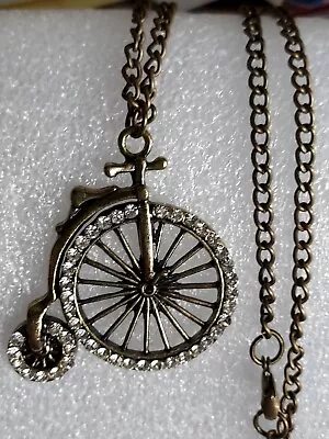 Creative High Wheeler Golden Bicycle With Rhinestones Pendant Necklace 26  Chain • $5.32