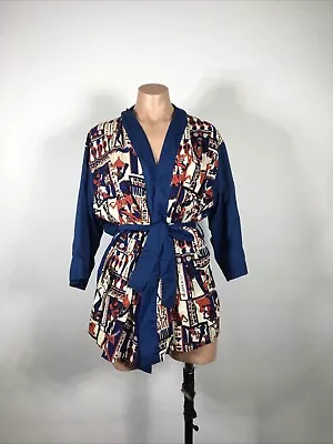 Vintage Montgomery Ward Smoking Jacket Belted Robe Sz L Egyptian Print Short 70s • $80