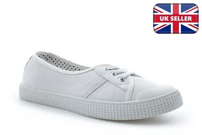 Ladies Canvas Shoes Womens Canvas Pumps Girls Pumps All White Pumps Slip On Size • £11.83