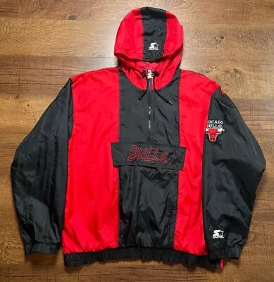 VINTAGE Starter Chicago Bulls Anorak Windbreaker Jacket Mens Size Large Hooded • $68.99