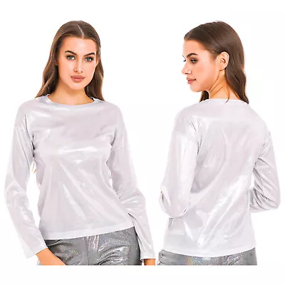 £15.44 • Buy Womens Glitter Shiny Metallic Long Sleeve T Shirt Tank Tops Holographic Blouse