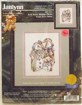 SEALED JANLYNN 1998 Counted Cross Stitch AND BABY MAKES THREE Snowmen #80-412 • $14.75