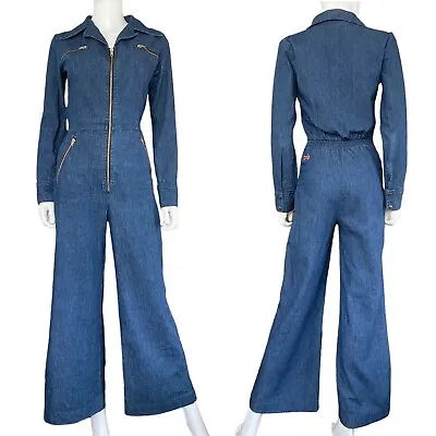 Vintage 70s Denim Bell Bottom Jumpsuit Male Brand Flare Leg Full Zip S/M • $285