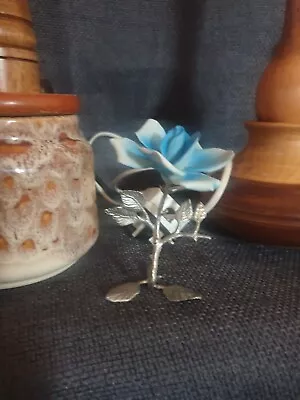 Capodimonte Blue Porcelain Rose Flower With Silver Metal Stem And Leaves • £0.99