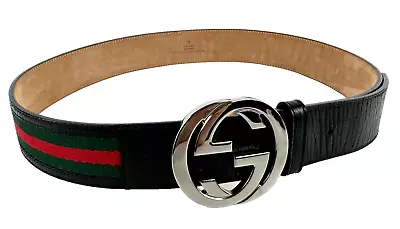 Gucci Auth Men 34 In 85 Cm Black Leather Web Belt Silver GG Buckle Bag MINT • $387