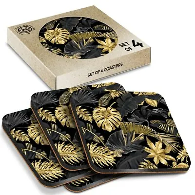 £7.99 • Buy 4 X Boxed Square Coasters - Gold & Black Tropical Leaf Print  #24546